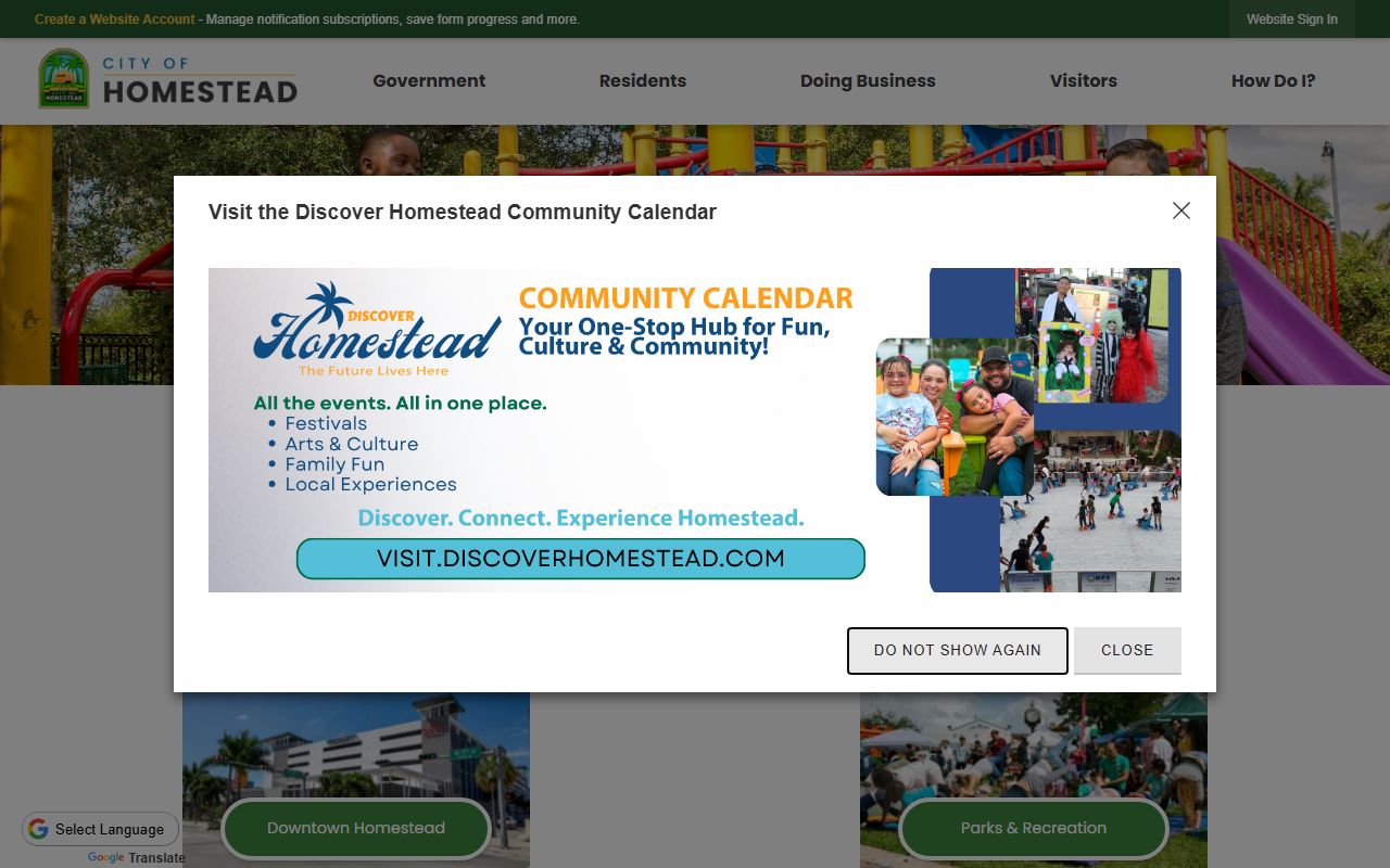 Homestead city website providing information about Miami-Dade County criminal court records