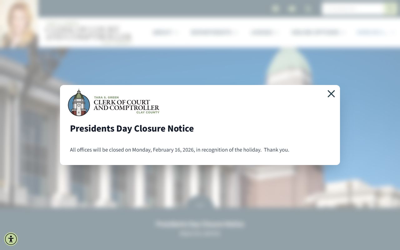 Clay County Clerk of Court homepage providing access to criminal court records