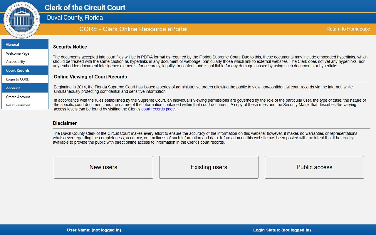 Duval County CORE portal showing Jacksonville criminal case search interface