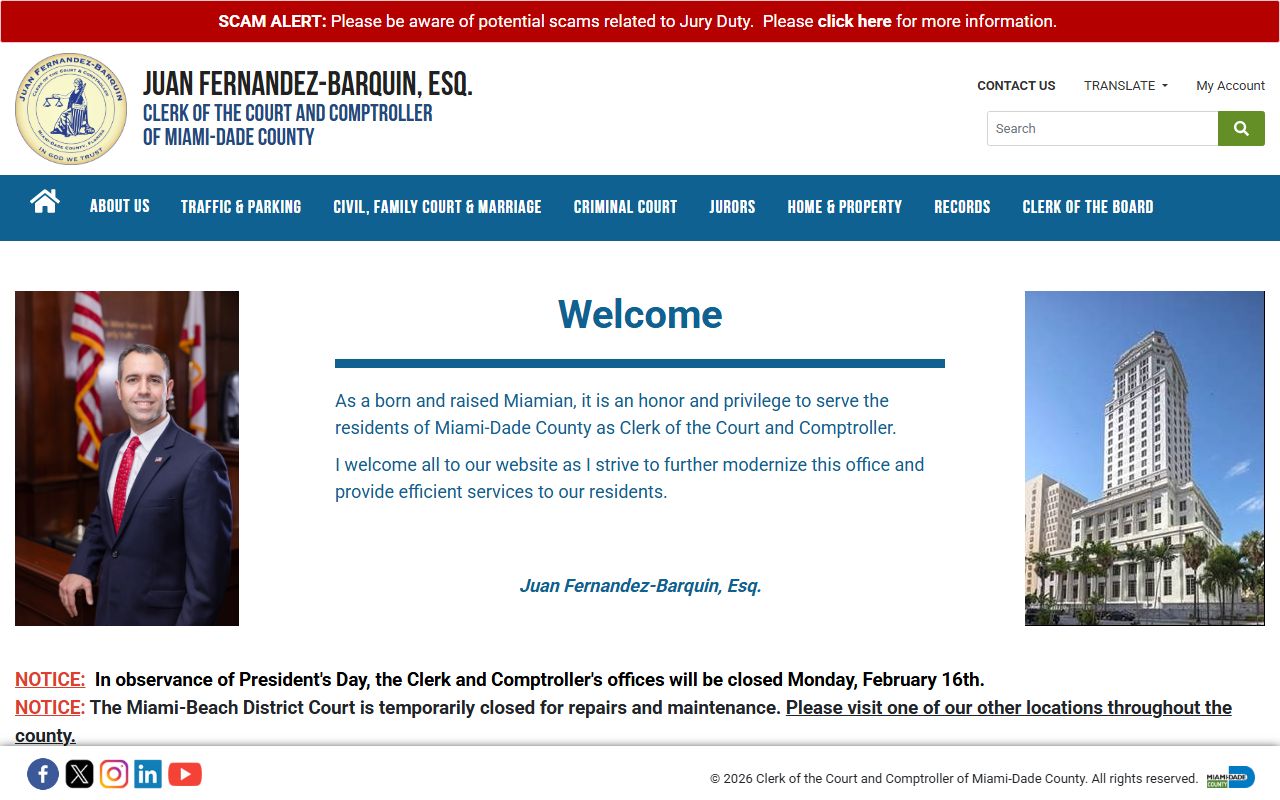 Miami-Dade County Clerk of Courts website for Homestead criminal court records access