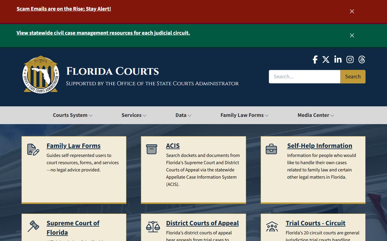 Florida Criminal Court Records homepage showing the Florida Courts official website