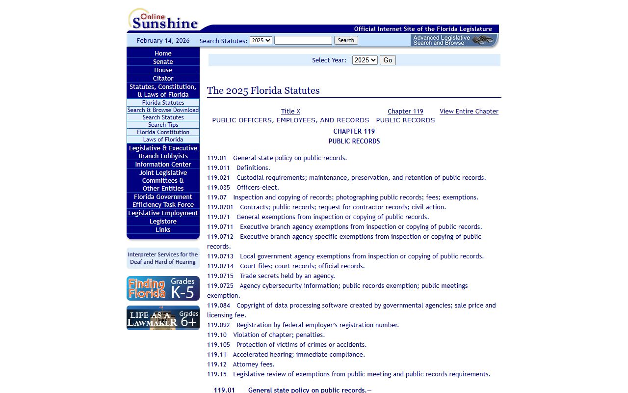 Florida Criminal Court Records showing Chapter 119 Florida Statutes public records law