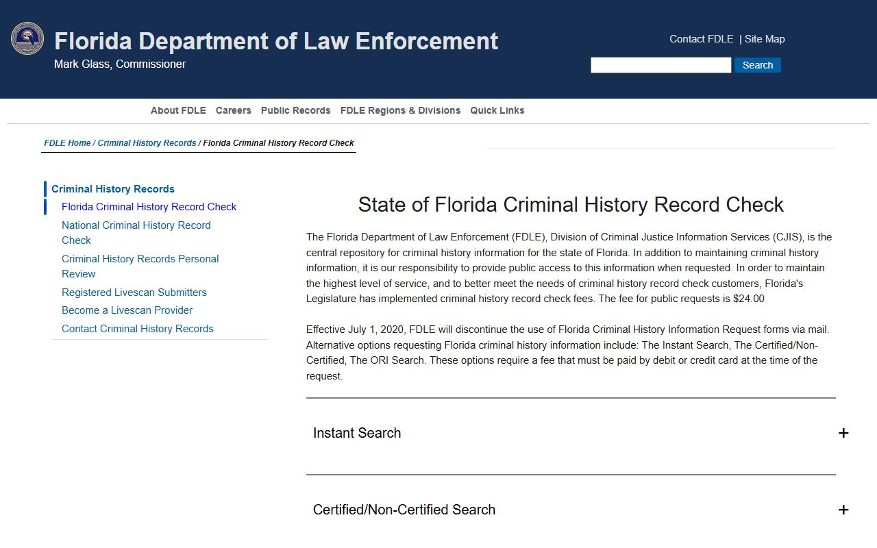 Florida Criminal Court Records showing FDLE criminal history search system